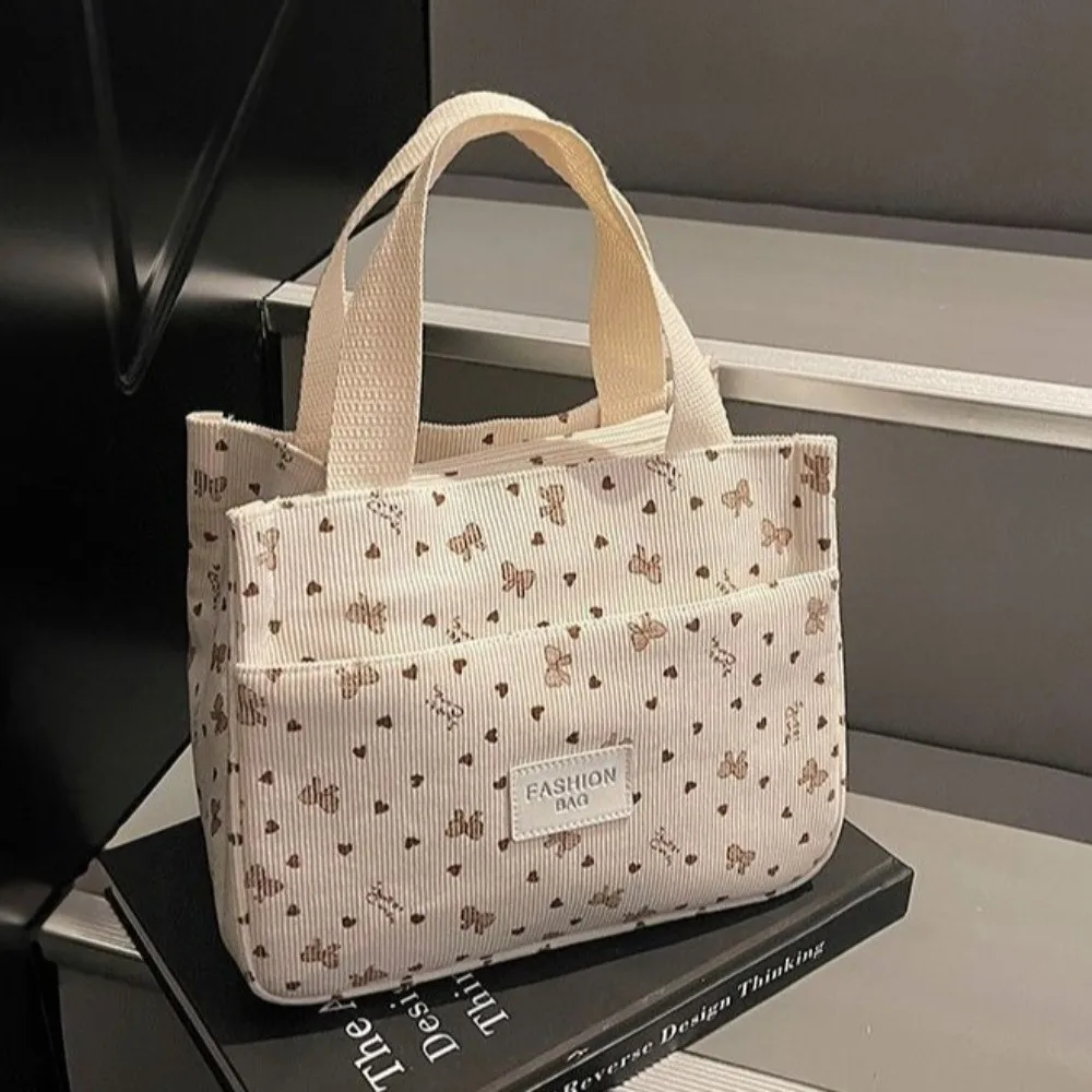 Vintage Bow Heart Printed Corduroy Handbag Multi-pocket Large Capacity Mommy Bag Top Handle Portable Lunch Bag Daily view 5