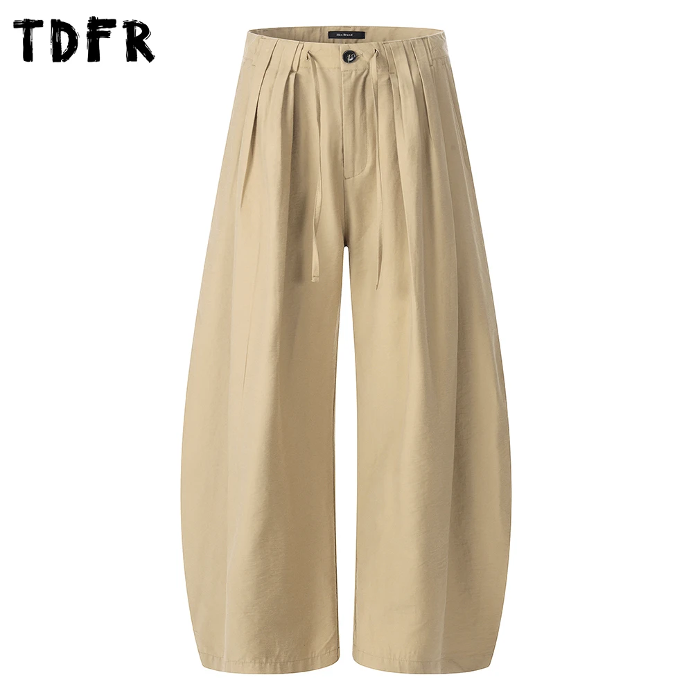 

Solid Color Knitted Banana Wide Leg Pants Mens Summer Retro Casual Drawstring Elastic Waist Baggy Trousers Man
