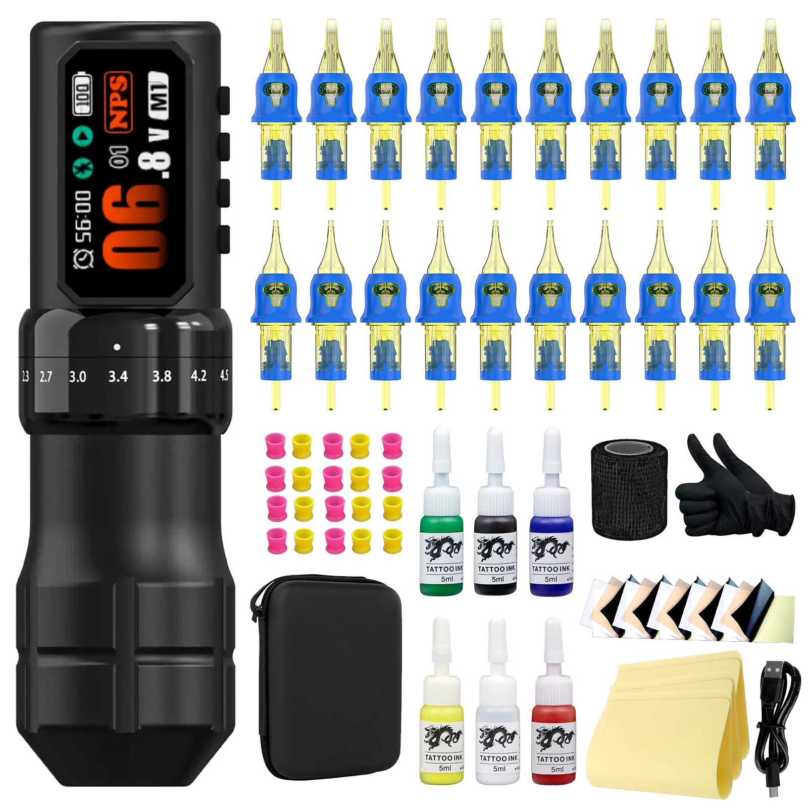 

2025 Professional tattoo machine Adjustable Stroke Kit with 20Pcs Cartridge Needles Complete Set Tattoo Gun Makeup Kit Complete