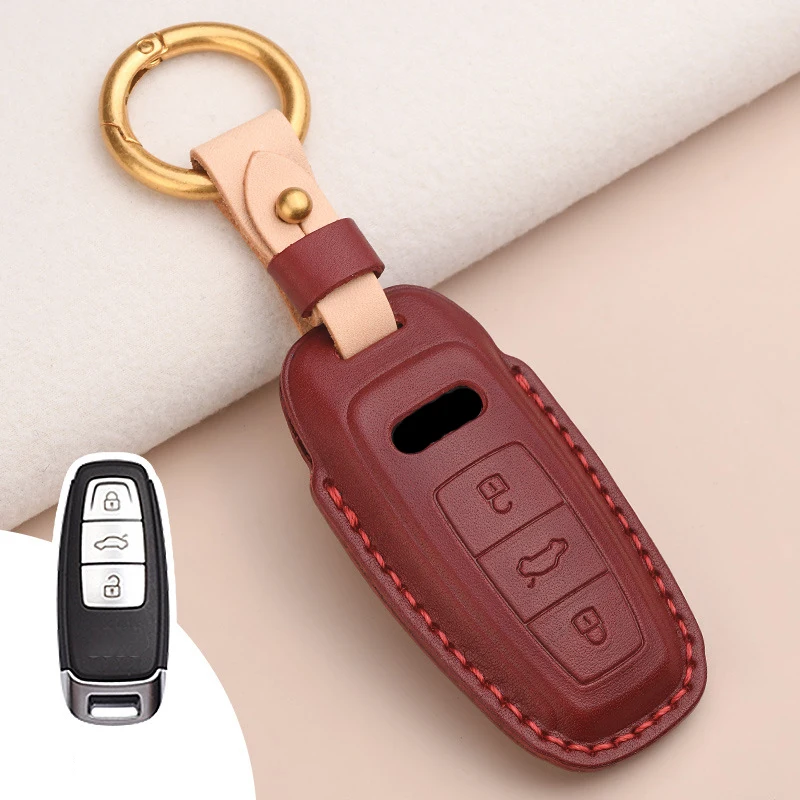 Leather Car Smart Key Case Cover For Audi A6 A7 A8 E-tron Q5 Q7 Q8 C8 D5 TFSI Protector Keyless Fob Ring Auto Accessories Shell