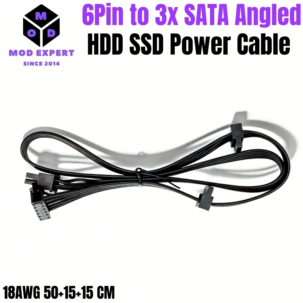 

6Pin to 3 SATA Right Angle for Corsair HX1500i, HX1200i, HX1000i, HX850i, HX750i, HX650i Modular, HDD SSD Power Cable 50+15+15CM
