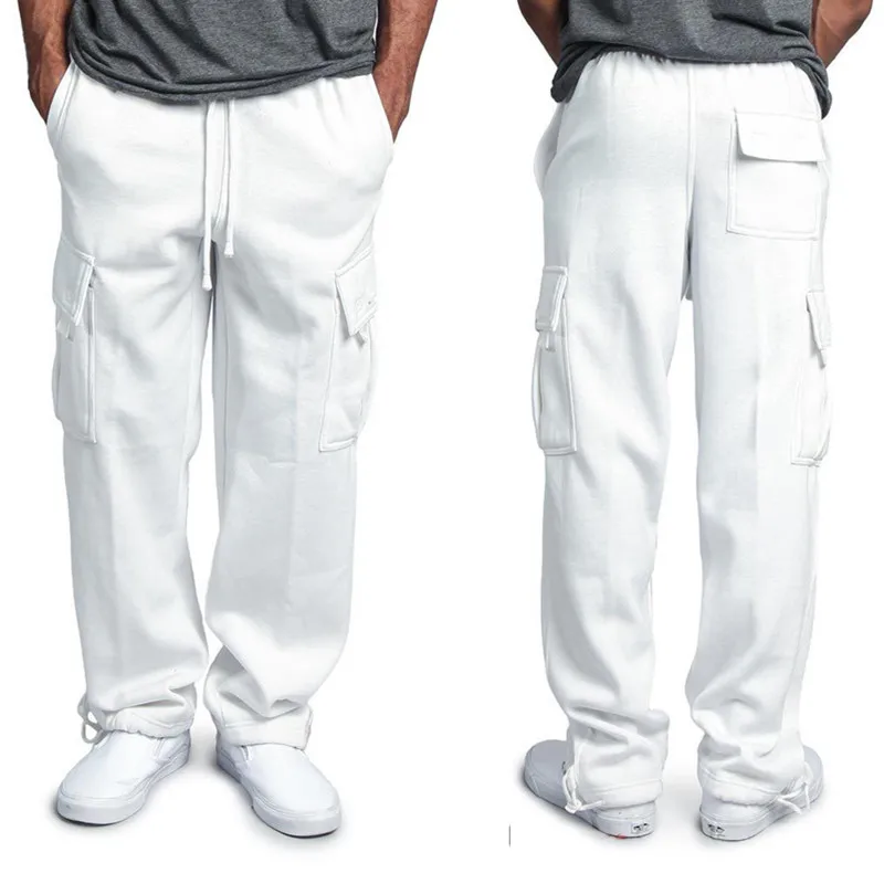 New Casual Men\'s Drawstring Elastic Waist Solid Color Pocket Cargo Pants Sports Pants Sweatpants