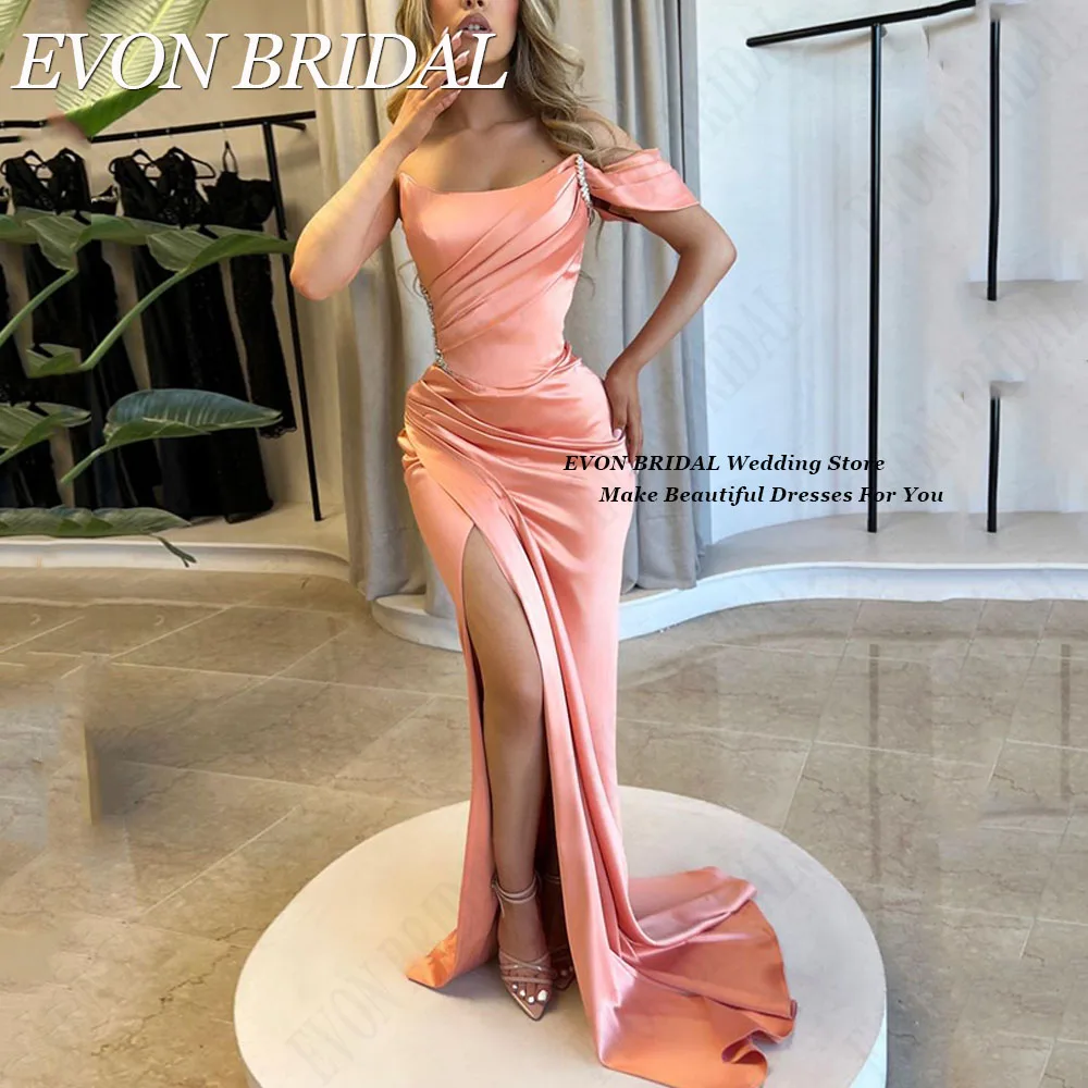 

EVON BRIDAL Satin Evening Gown One Shoulder Strapless Mermaid Party Dress Side Split Crystal Formal Occasion Dresses Sweep Train