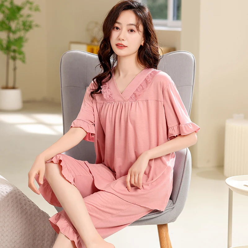 Soft Modal Pajamas Set Short Sleeve T-shirt Calf-Length Pants 2Piece/Set Summer Lace Pyjama Big Yards4XL Homewear Cozy Sleepwear