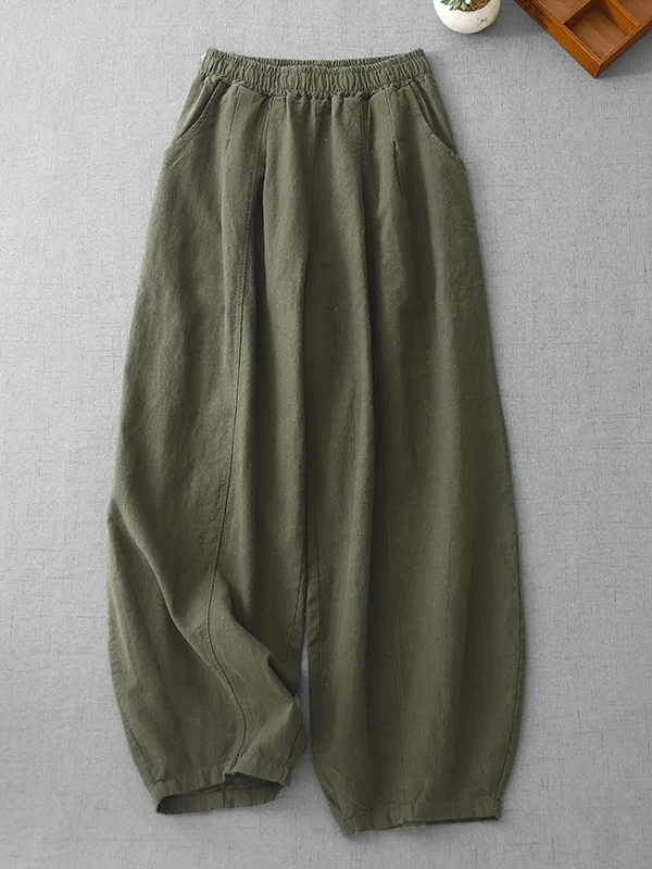 Artistieke pure kleur zand wa katoen linnen wijde pijpen lantaarnbroek plus maat dames losse taille casual afslankende lange broek