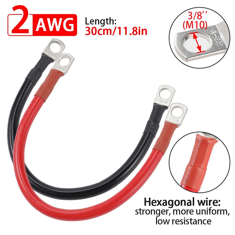 2 pcs Battery Inverter Cable Set 2AWG 30CM With Terminals Stranded Copper Cord Solar Power Connection Wire With Lugs