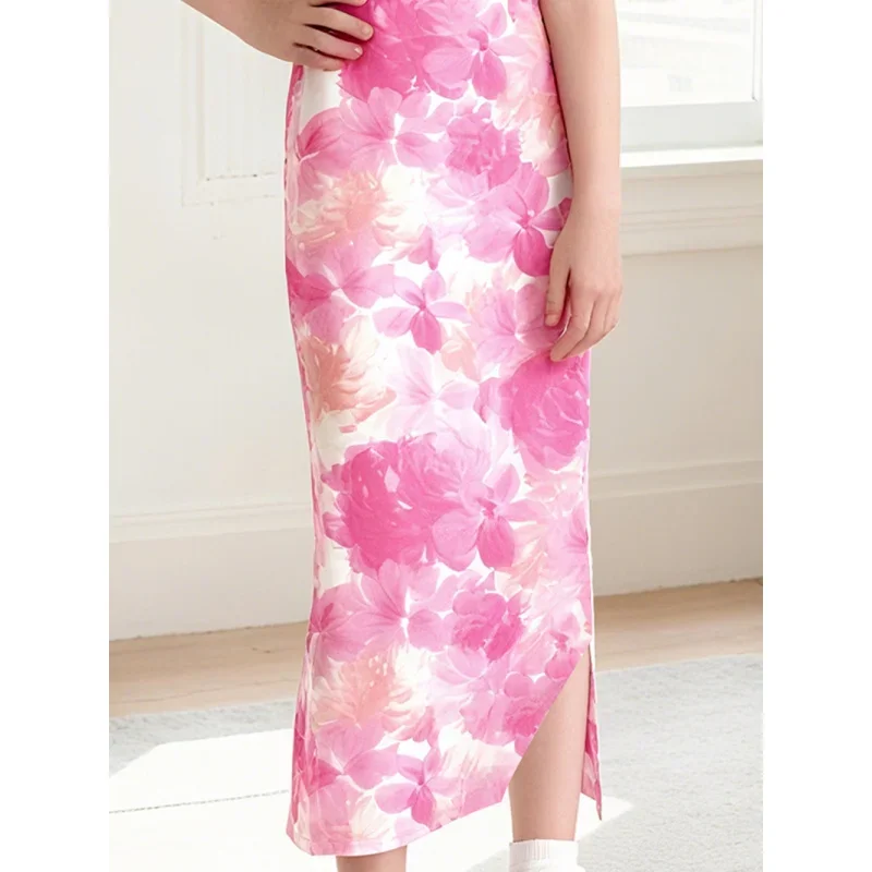 تصميم صيف 2025! فستان طويل بفتحة حبال للفتيات، ملابس أطفال عصرية بطبعة زهور وردية