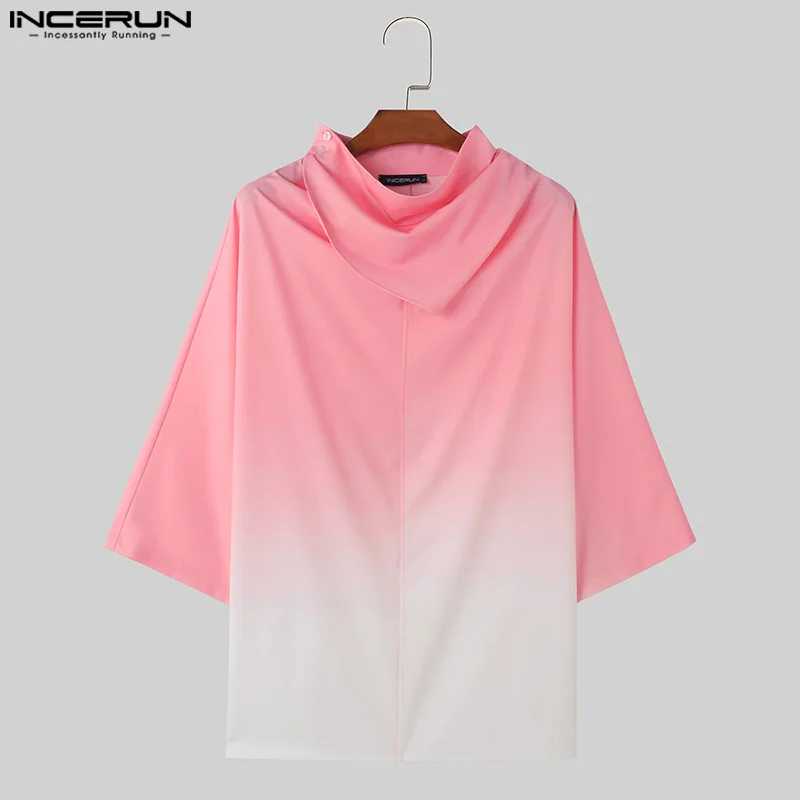 Stylish Casual Style Tops INCERUN Men High Pile Collar T-shirts Fashion Gradient Color Three Quarter Sleeved Camiseta S-5XL 2024