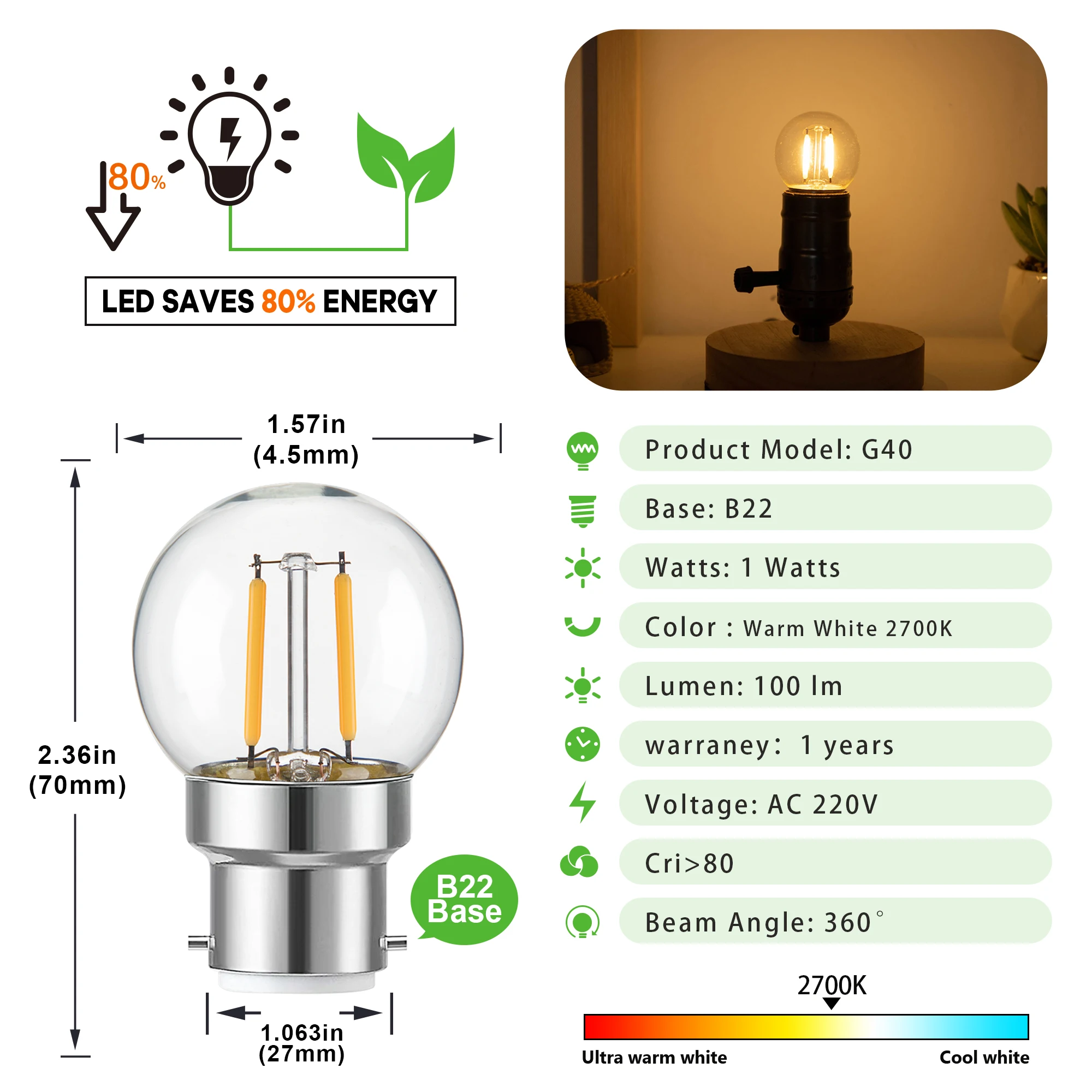 ヴィンテージ調光可能LED電球,g40,b22,220v,1w,ウォームホワイト,交換可能なペンダント,省エネ,レトロなフィラメントランプ,屋内および屋外ライト