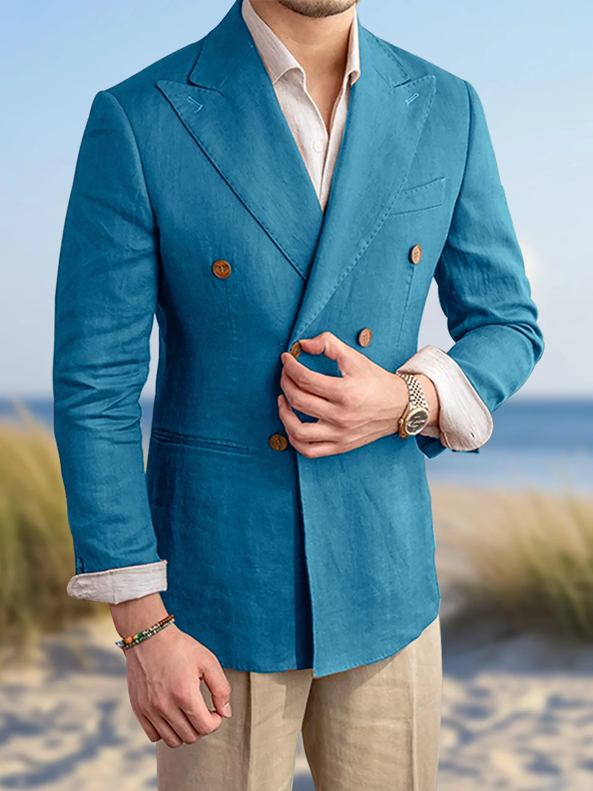 Summer Casual Linen Men Suit Peaked Lapel Double Breasted Slim Fit Tuxedo Suits for Men Blazers with Pants Homme Ensembles