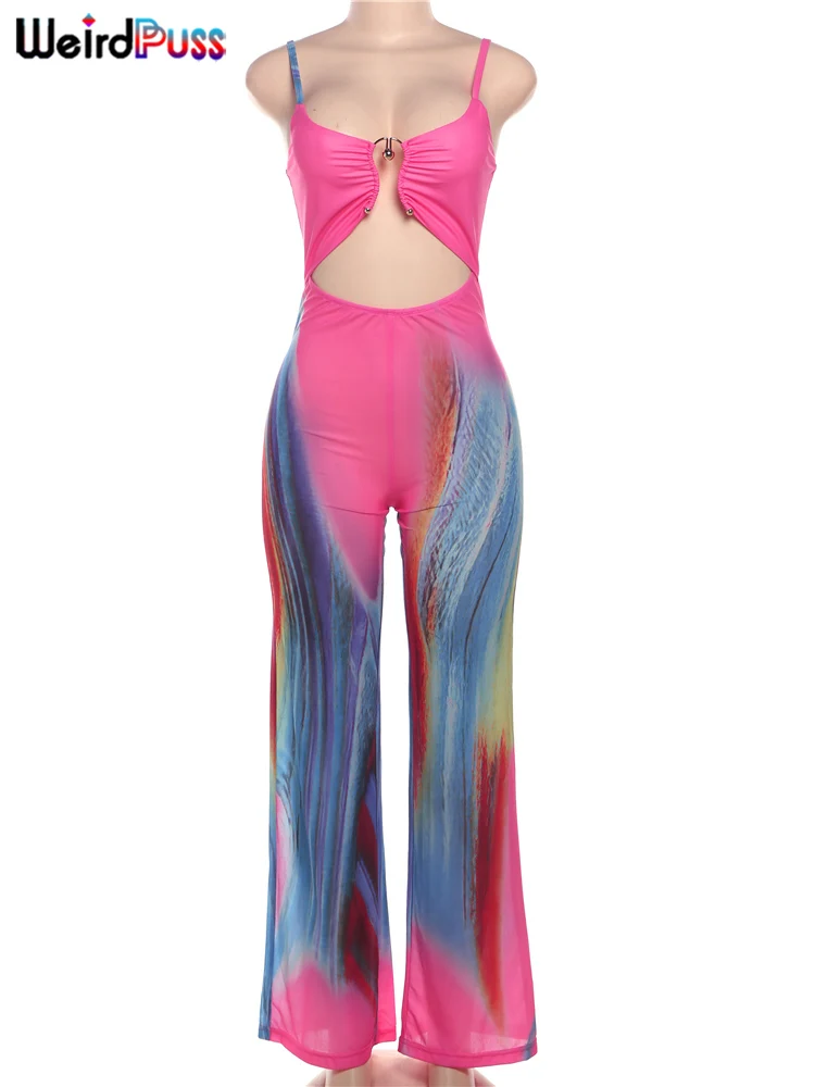 Weird Puss Colorful Print Jumpsuits Women See Through Summer Hollow Cirque Button Sleeveless Fitness Midnight Clubwear Overalls