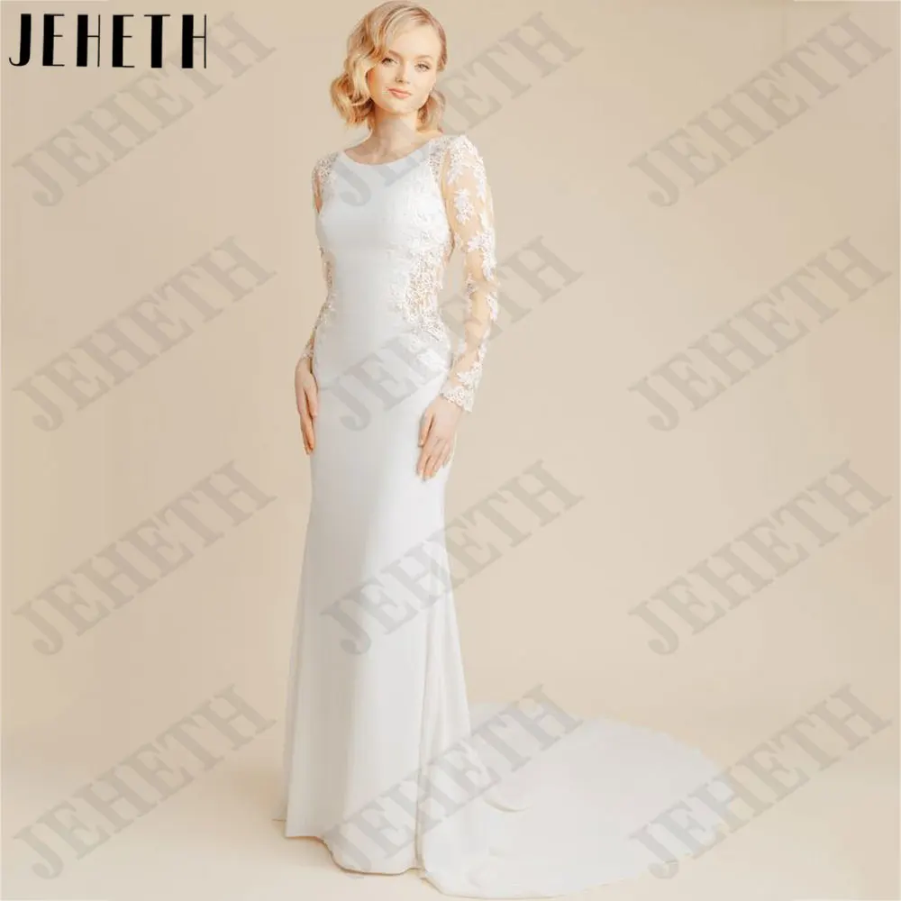 JEHETH O-hals Appliques Bruidsjurken Zeemeermin Wit Satijn Trouwjurk Backless Rug Knopen Op maat gemaakt 2024 vestidos de noviaJEHETH O-hals Appliques Bruidsjurken Zeemeermin Wit Satijn Trouwjurk Backless Rug Knopen Op