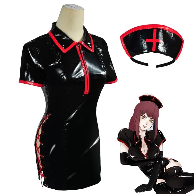 Anime chainsaw man cosplay costume Makima power sexy nurse uniform PU leather dress suit wig women Halloween cosplay outfits