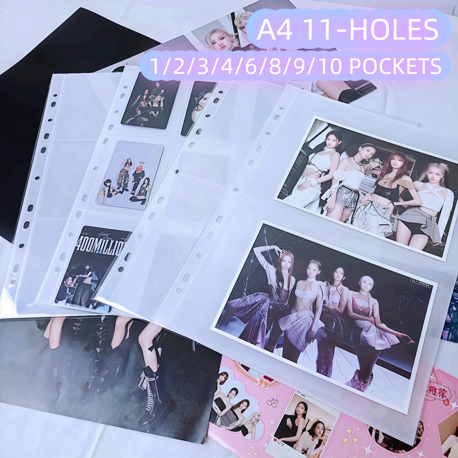 11-Hole A4 Clear Photo Album Card Pages - Ring Binder Photocards Sleeves 10/30/50 Sheets/Pack for Photos/Cards/Documents Binder