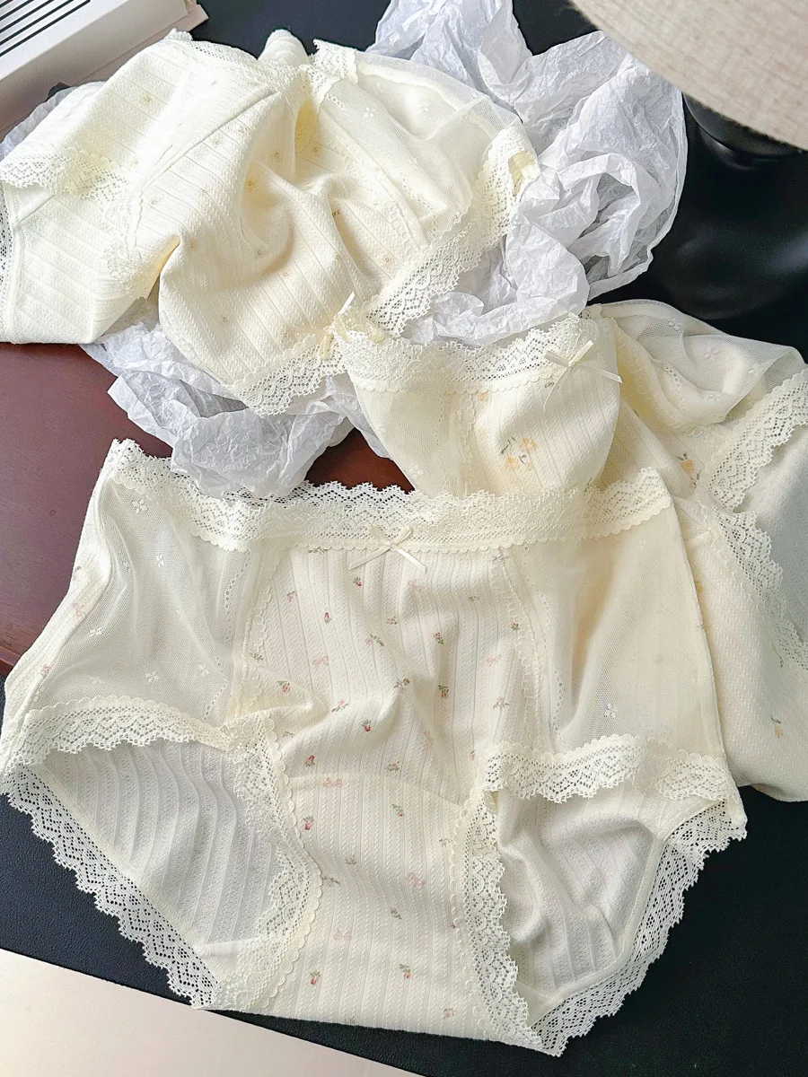 

9317 cream tulip soft spring and summer mesh pure desire floral girl panties pure cotton elongated crotch