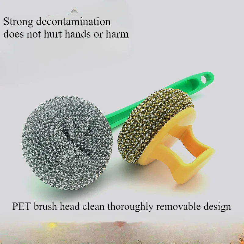 Kitchen Scrubber PET Cleaning Ball Long Handle Replace Cleaning Brush Wash Dishes Wash POTS Brush Fiber Steel Ball