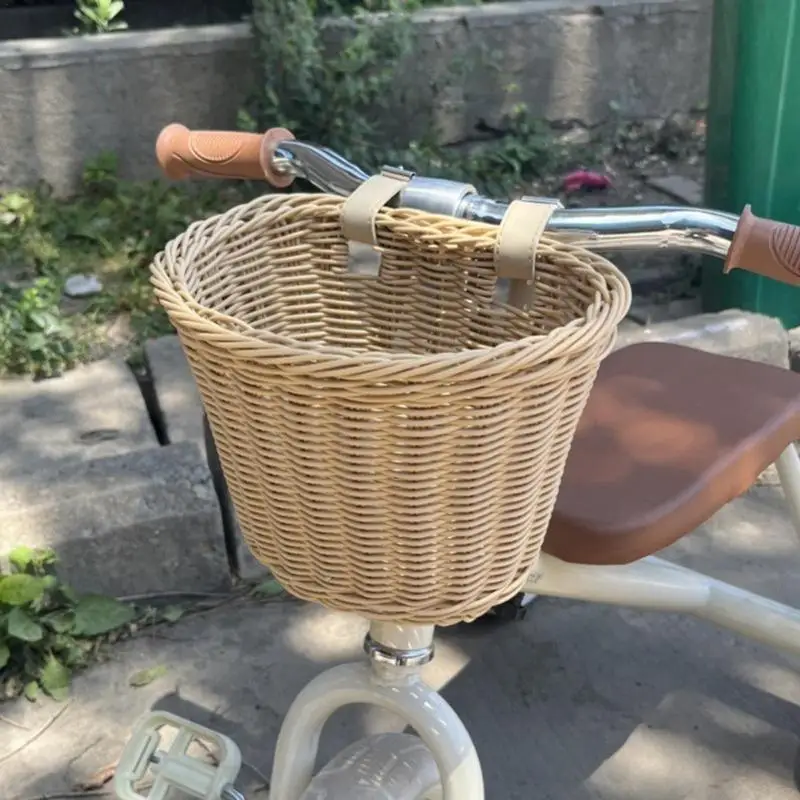 Bicycle Front Wicker Woven Basket for Kids Bike Scooter Handmade Waterproof Durable Storage Basket Detachable Baggage Bags