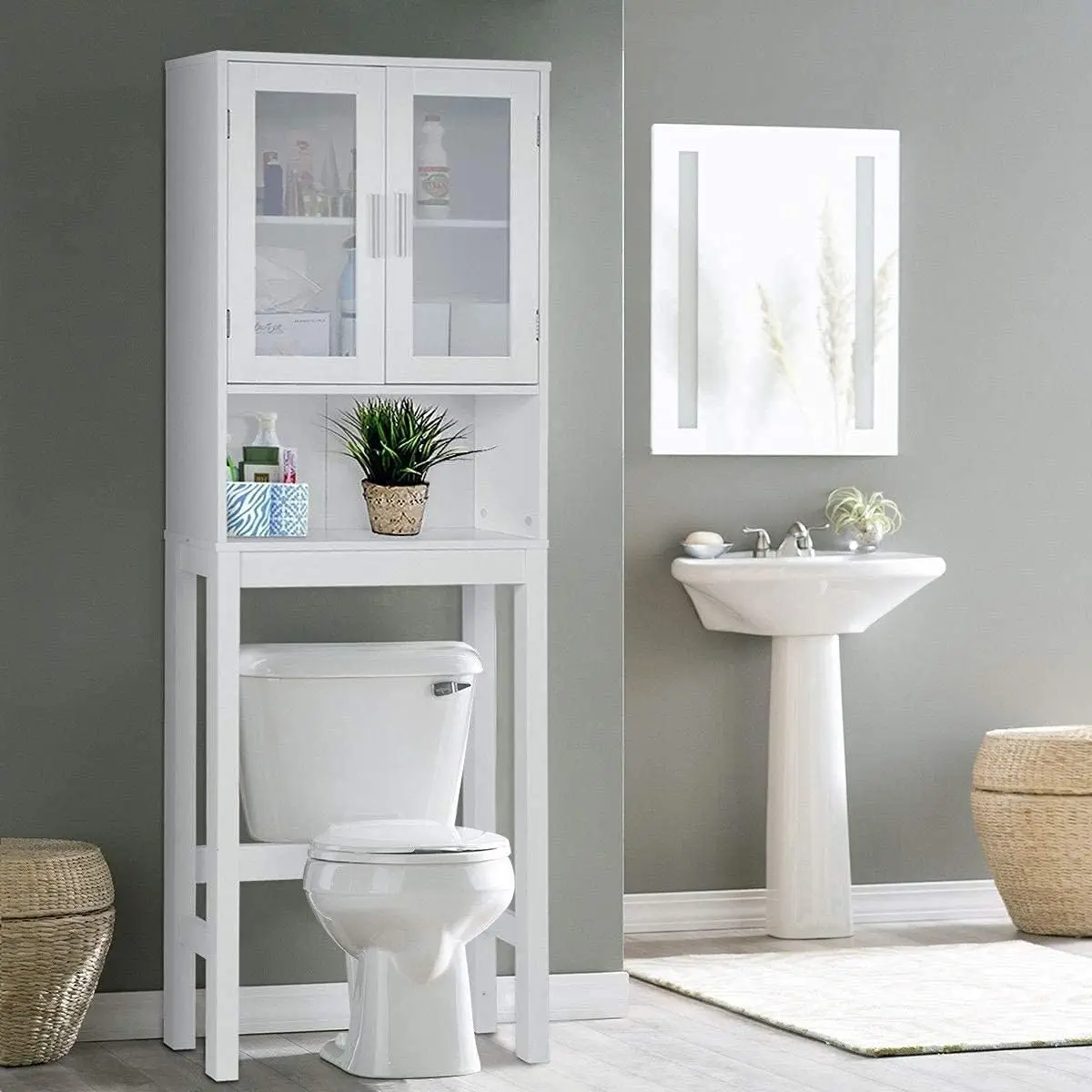 Wooden Over The Toilet Storage Cabinet Home Bathroom Space Saver Double Doors Adjustable Shelf Organizer Open Storage