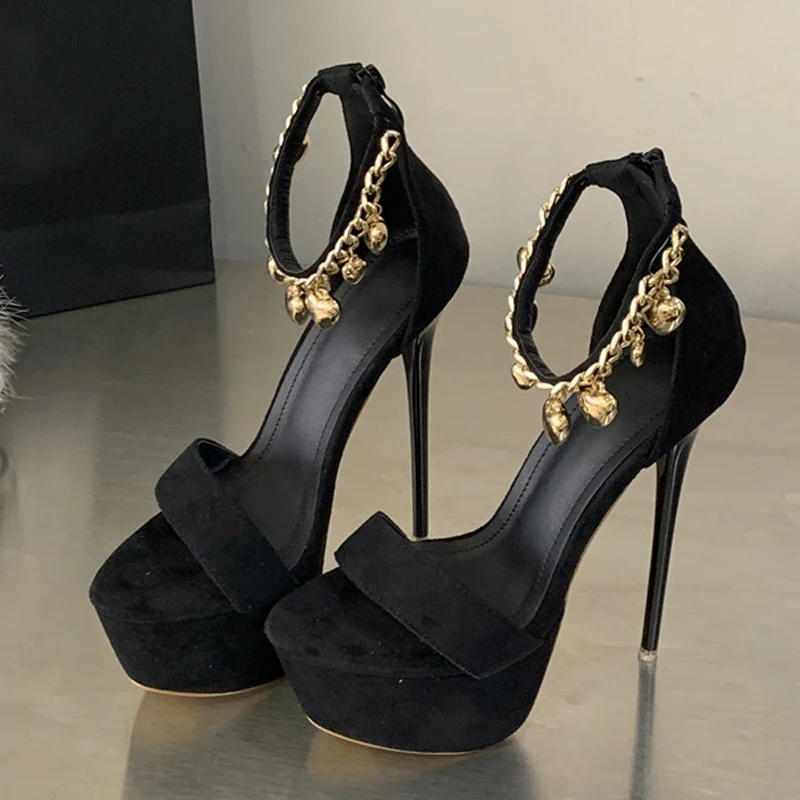 Liyke Fashion Design Bell Chain Ankle Zip Cover Strap Women Sexy 16CM Sandal Platform High Heels Party Club Stripper Shoes Black view 4