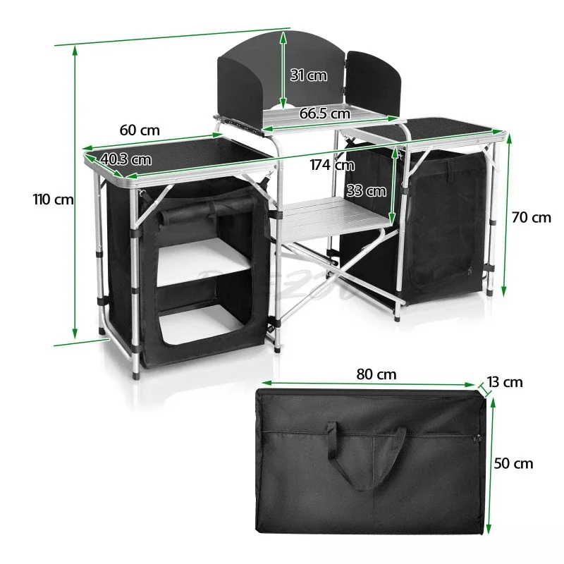 Alumínio Alloy Foldable Table with Cloth, Mobile Kitchen Cabinet, Outdoor Camping Table