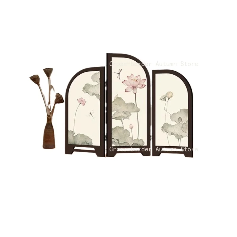 

Retro Chinese Style Mini Desktop Screen Lotus Pattern Decorative Painting Home Tea Room Table Ornament