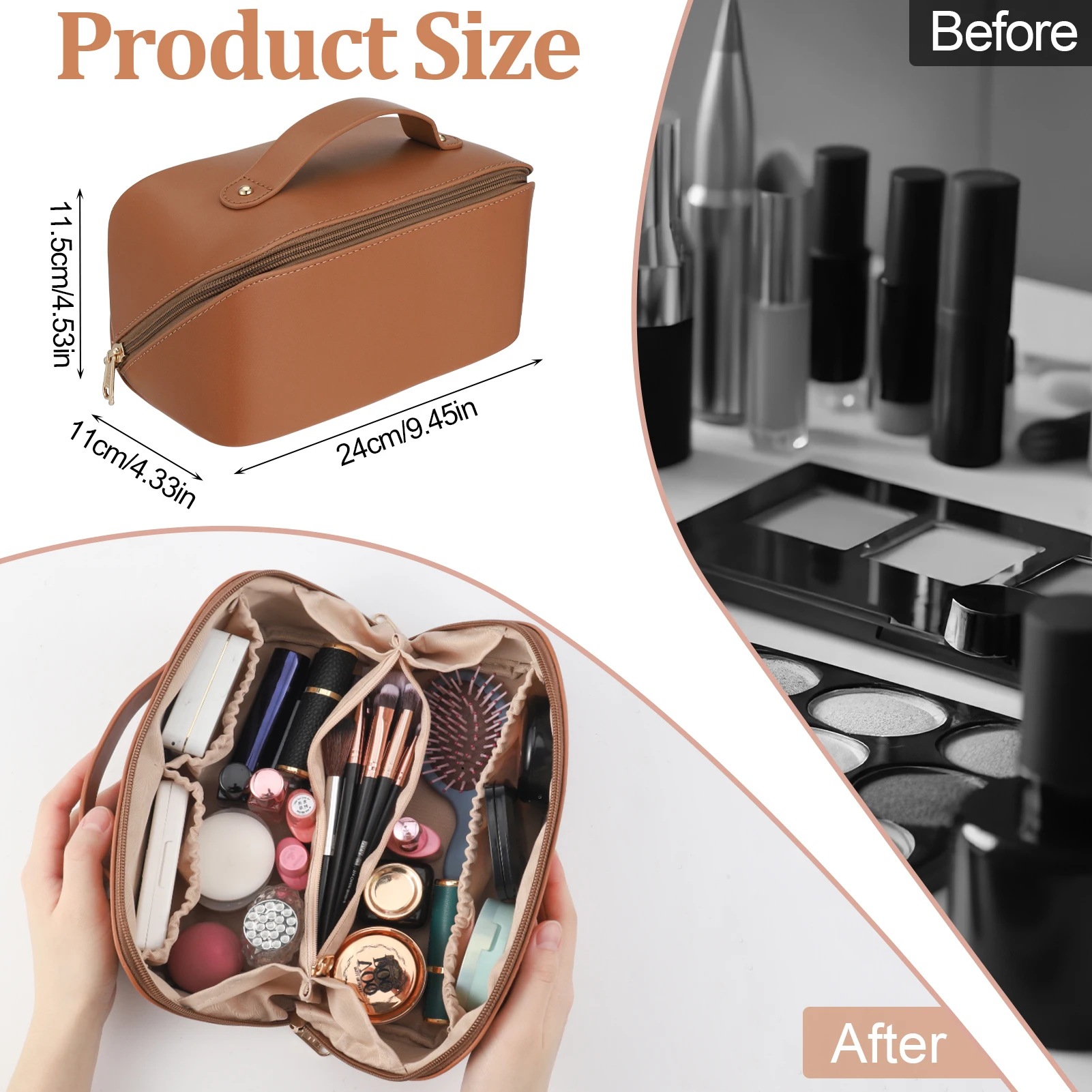 Trousse de maquillage de voyage avec Sync der et poignée, trousse de toilette portable en cuir PU étanche, trousses à cosmétiques de grande capacité pour femmes