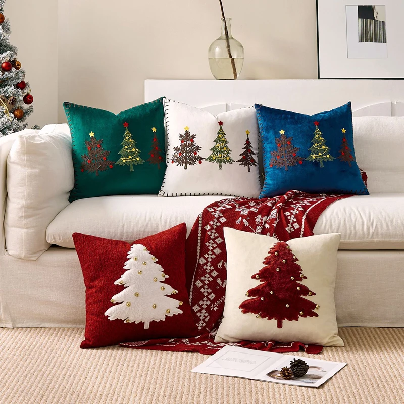 

45cm Christmas Tree Pillowcase Square Embroidered Printed Sofa Cushion Cover Home Living Room Decoration Pillow Covers Unfilled