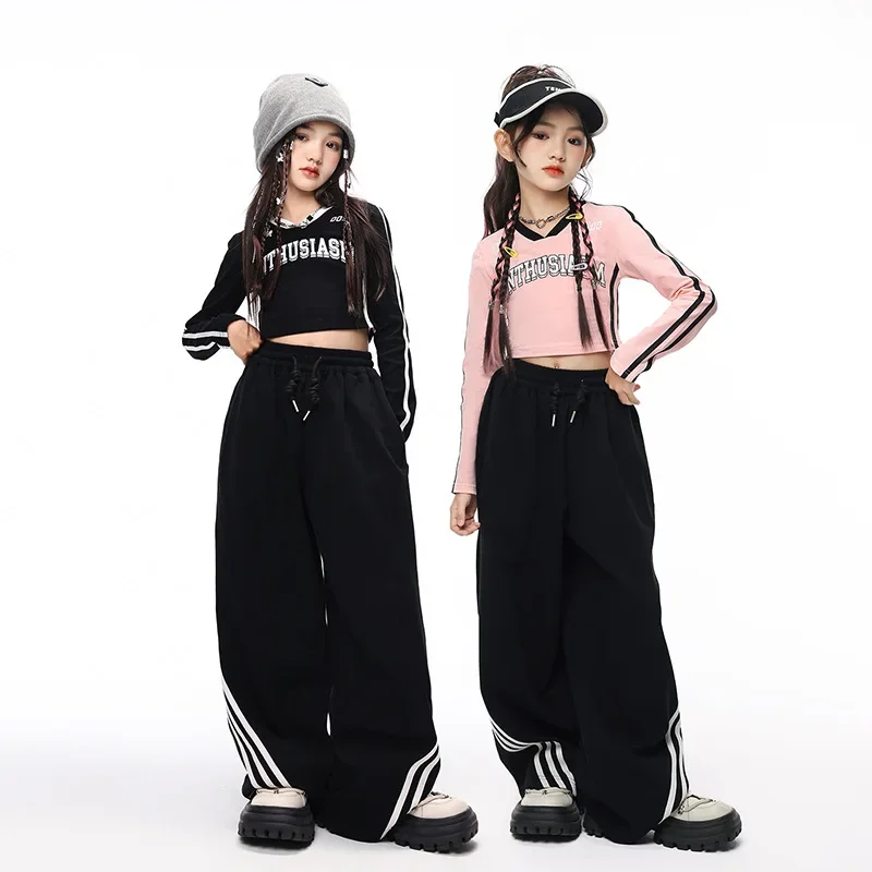 Jazz Hip Hop Danskleding voor Meisjes Roze Lange Mouwen Tops Zwarte Baggy Broek Street Dance Sets Kids Groepsshow Competitiekleding