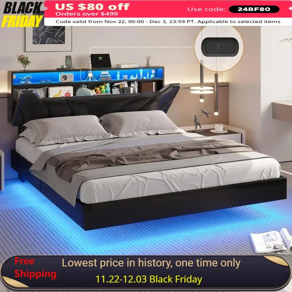 Queen Floating Bed Frame with Storage Headboard and LED Lights Queen Size Visual Floating LED Bed Frame with Type-C & USB Port