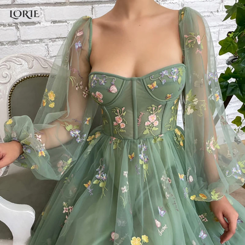 LORIE Fairy Forest Green Lace Prom Party Dresses Puffy Sleeves Colorful Flowers Appliques Formal Gowns Ankle Length Evening Gown