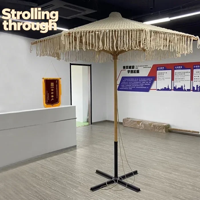 

Sun umbrella Outdoor garden decoration Hollow adjustable wooden skeleton with fringed woven beach courtyard central column