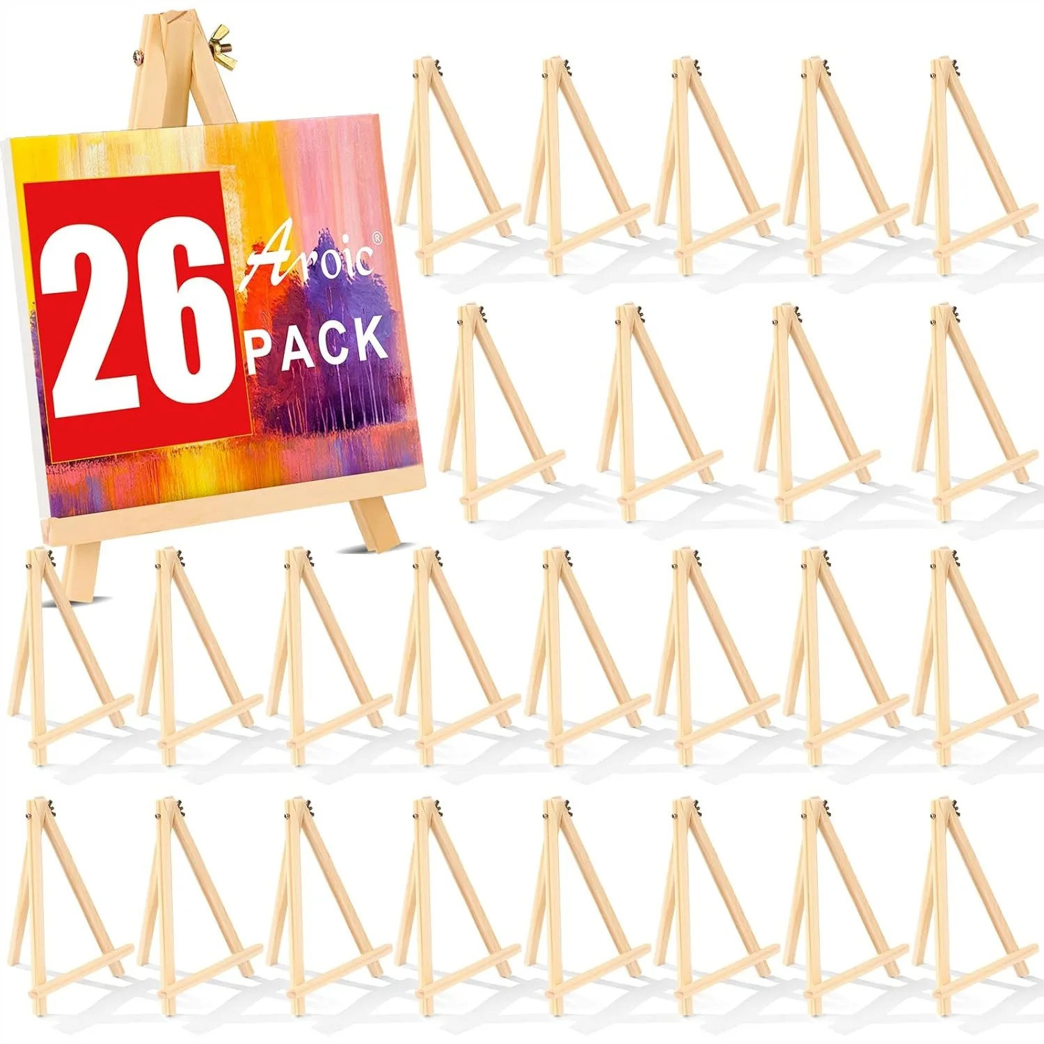 

26 Pack 9 Inch Wood Easels for Painting Canvases, Art, Crafts, Tripod Stand, Portable Tabletop Display