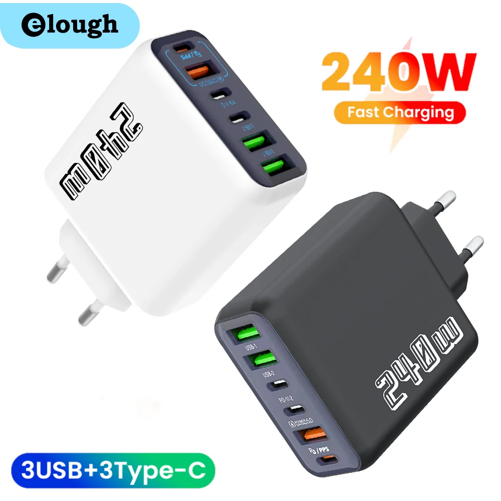 

240W 3USB+3Type C Fast Super Charging Mobile Phone Charger QC 3.0 PD Charging Adapter For Iphone 17 16 Samsung POCO Realme OPPO