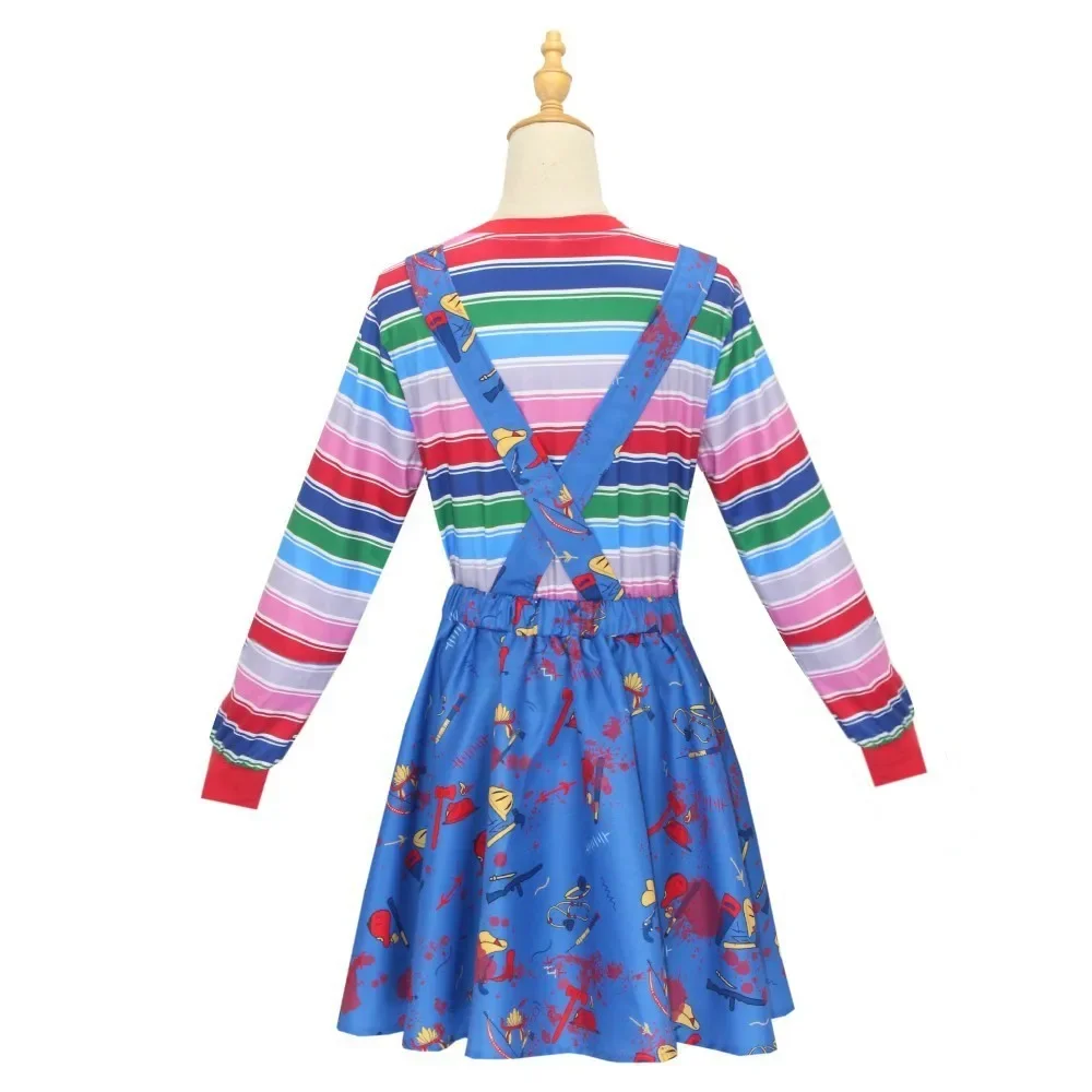 Gaun wanita Chucky menakutkan Anime kostum Cosplay kartun Horror Chucky jumpsuit pakaian Halloween untuk pria wanita kostum pesta
