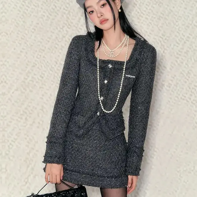 

Skirt Two-Piece Suit Gray Plutocratic Daughter-Style Square Collar Waisted Raw Edge Jacket Chic Versatile