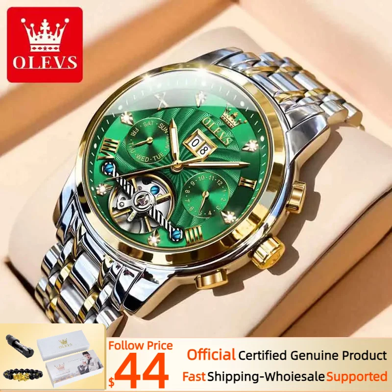 OLEVS Mens Watch Automatic Mechanical Tourbillon Slef-Wind Luxury Stainless Steel Waterproof Luminous Date Wrist Watch