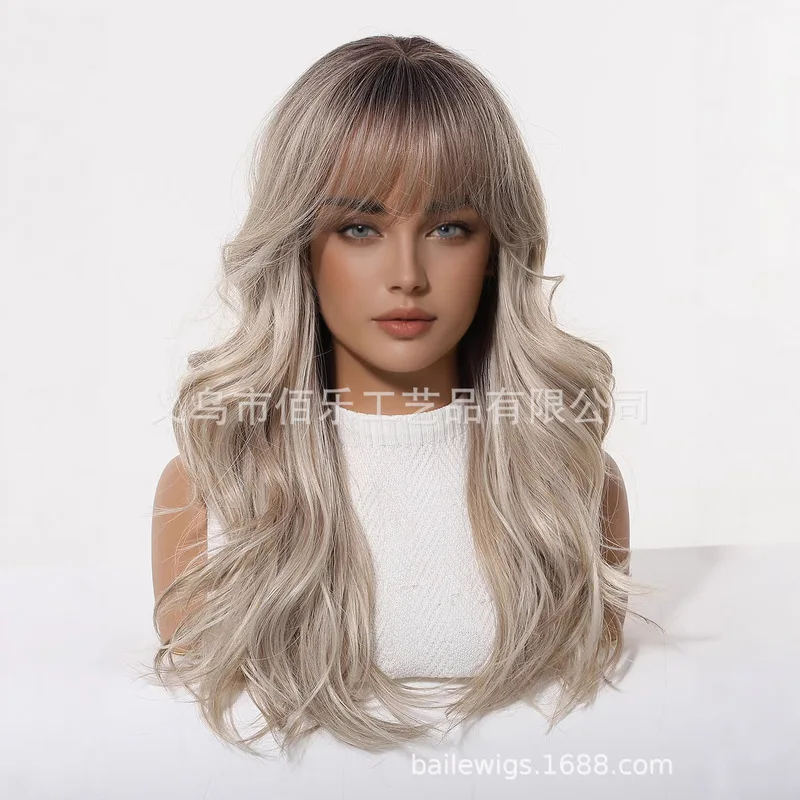 Fashionable and casual wavy long hair with bangs, layered perm, stylish and flattering full head wig