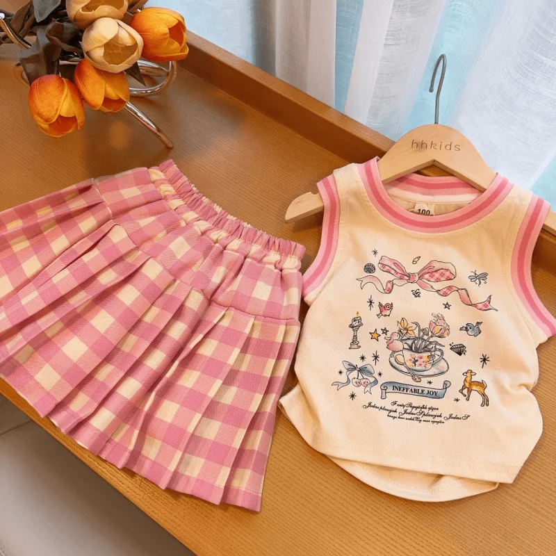 

New Girls' Summer Sleeveless Cartoon Vest Suit2024New Plaid Pleated Skirt Children Two-Piece Set