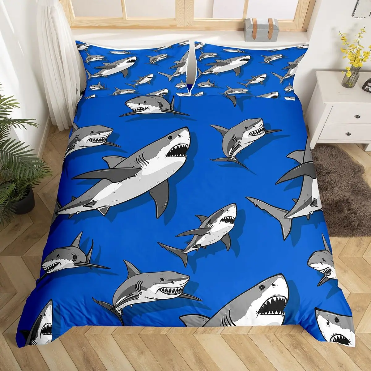 Shark Duvet Cover Queen Marine Life Comforter Cover Blue And White Cartoon Shark Bedding Set Nautical Ocean Theme Quilt Cover