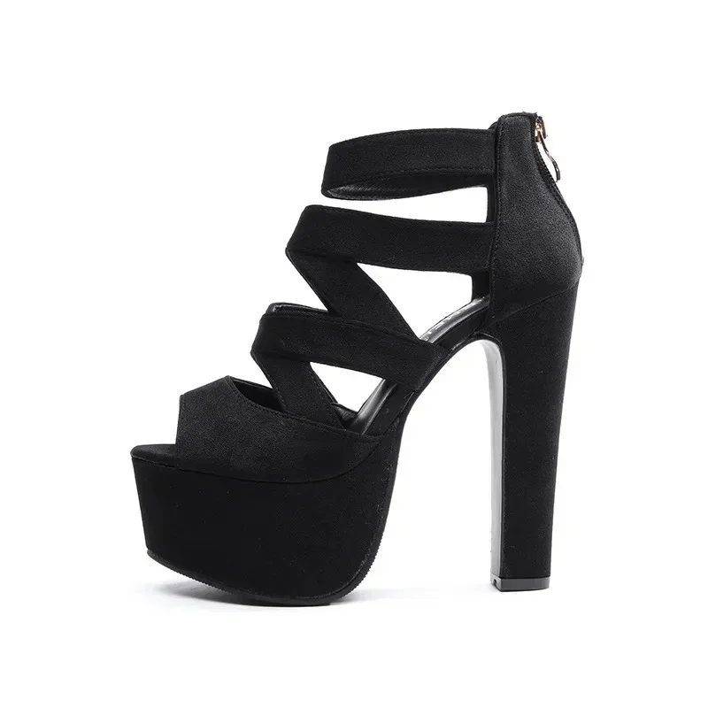 Spring Summer 14CM Fashion Thick with Sandals Fish Mouth Shoes High-heeled Hollow Zipper Sandals Nightclub High Heel Girls Shoes