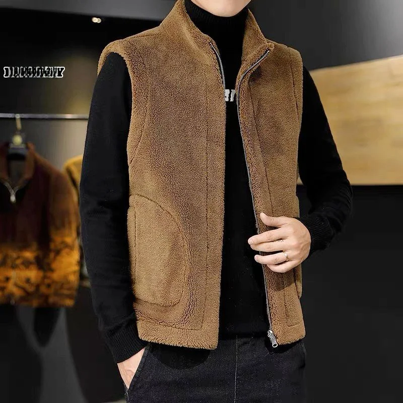 

Double-Sided Fce Vest Men's Thi Winter Warm Jaet Leather Coat Youth Faion Polyester Fiber Zipper Decoration