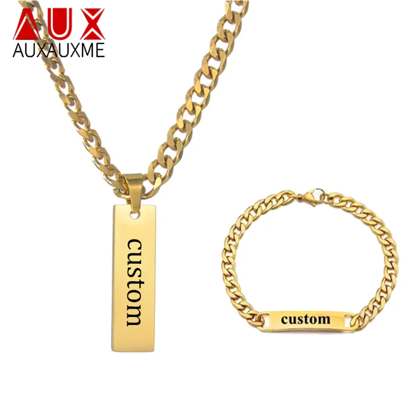 

Auxauxme Custom Engrave Name Necklace Personalized Laser Engrave Date ID Bar Pendant Cuban Chain Choker Men Women Jewelry Gifts