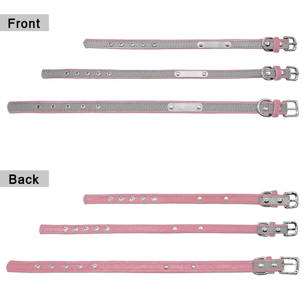 Engraved Reflective Dog Collar Anti-lost Leather Stainless Nameplate Id Name Steel Buckle Cute Pink  Small Medium Large Dogs