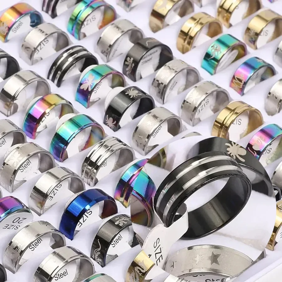 10Pcs 316L Finger Rings Stainless Steel Couple Rings Set - Punk HipHop Trendy Unisex Wedding Party Daily Wear Jewelry Gift