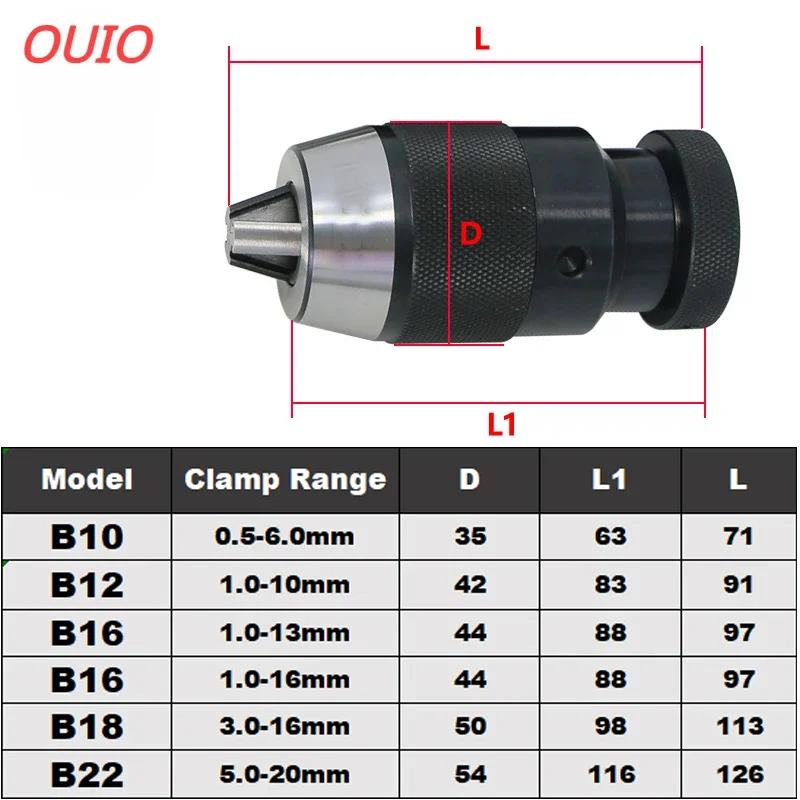 OUIO Automatic Locking Self-tightening Drill Chuck Keyless B10 B12 B16 B18 B22 Lathe tools Toolhoder MTA MTB R8 C20 For Drill