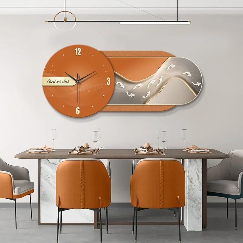 Modern light luxury clock wall clock Living room home dining room nine fish decorative painting with clock hanging wall watch