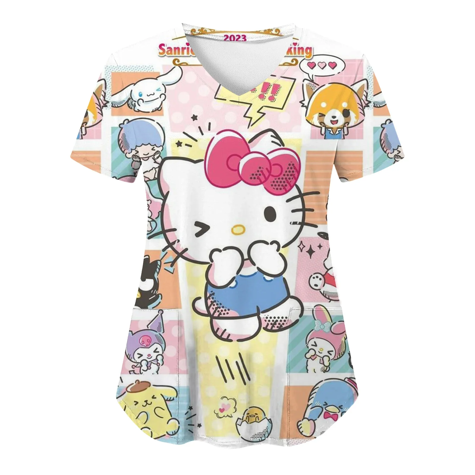 

Hello Kitty Print Working Uniform Pocket Blouse t-shirt Women V-neck Tops Nurse Uniform Shop Workwear Heathcare Tunic