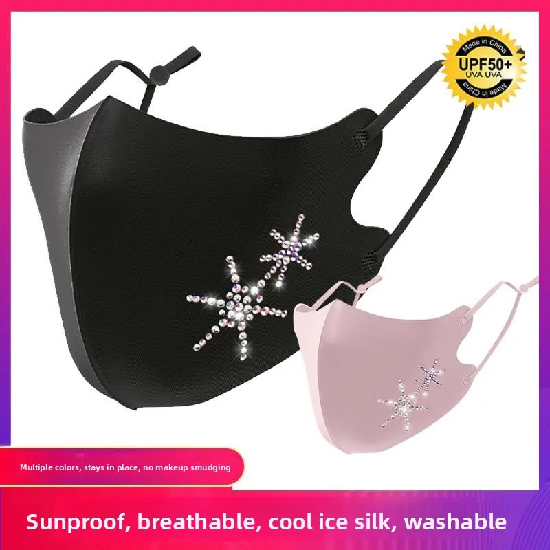 Women's Sparkling Rhinestone Face Mask Ice Silk Cloth Sunscreen Mask Breathable Washable Adjustable Star Pattern Protective Mask