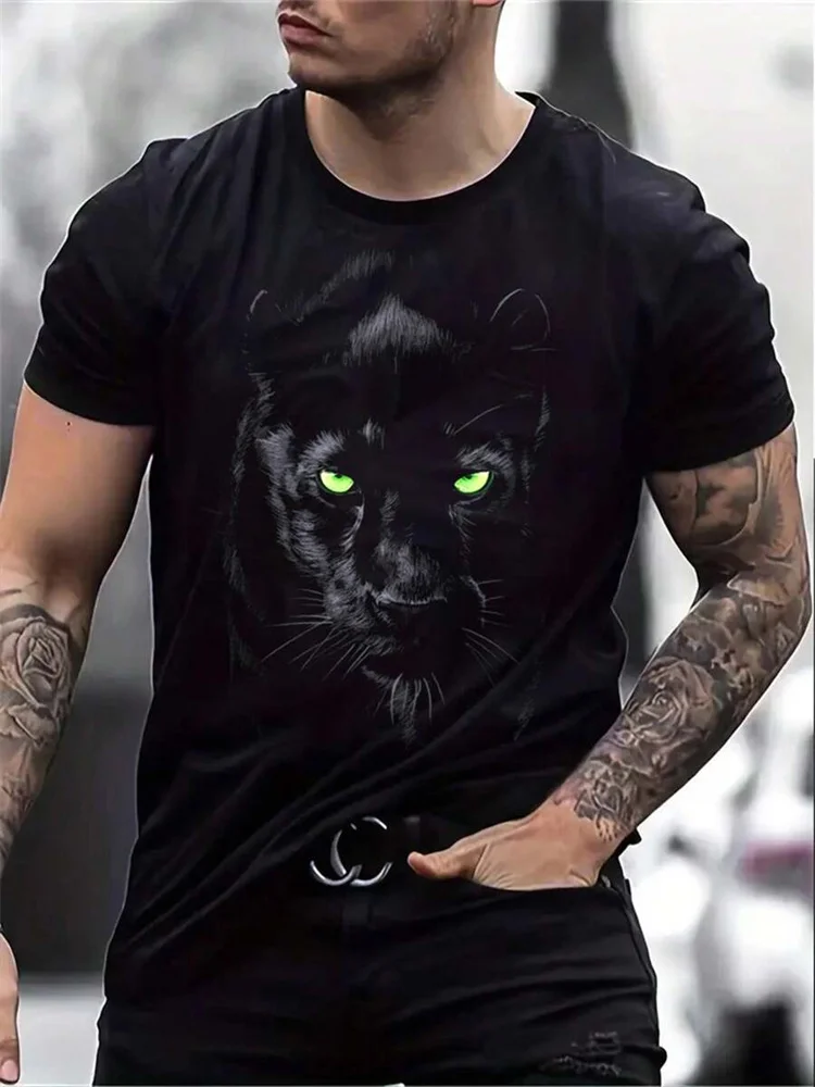 Summer Casual Everyday Men's Short Sleeve, Black Leopard Print Men's T-shirt With Green Pupils, Outdoor Street Short Sleeve Top