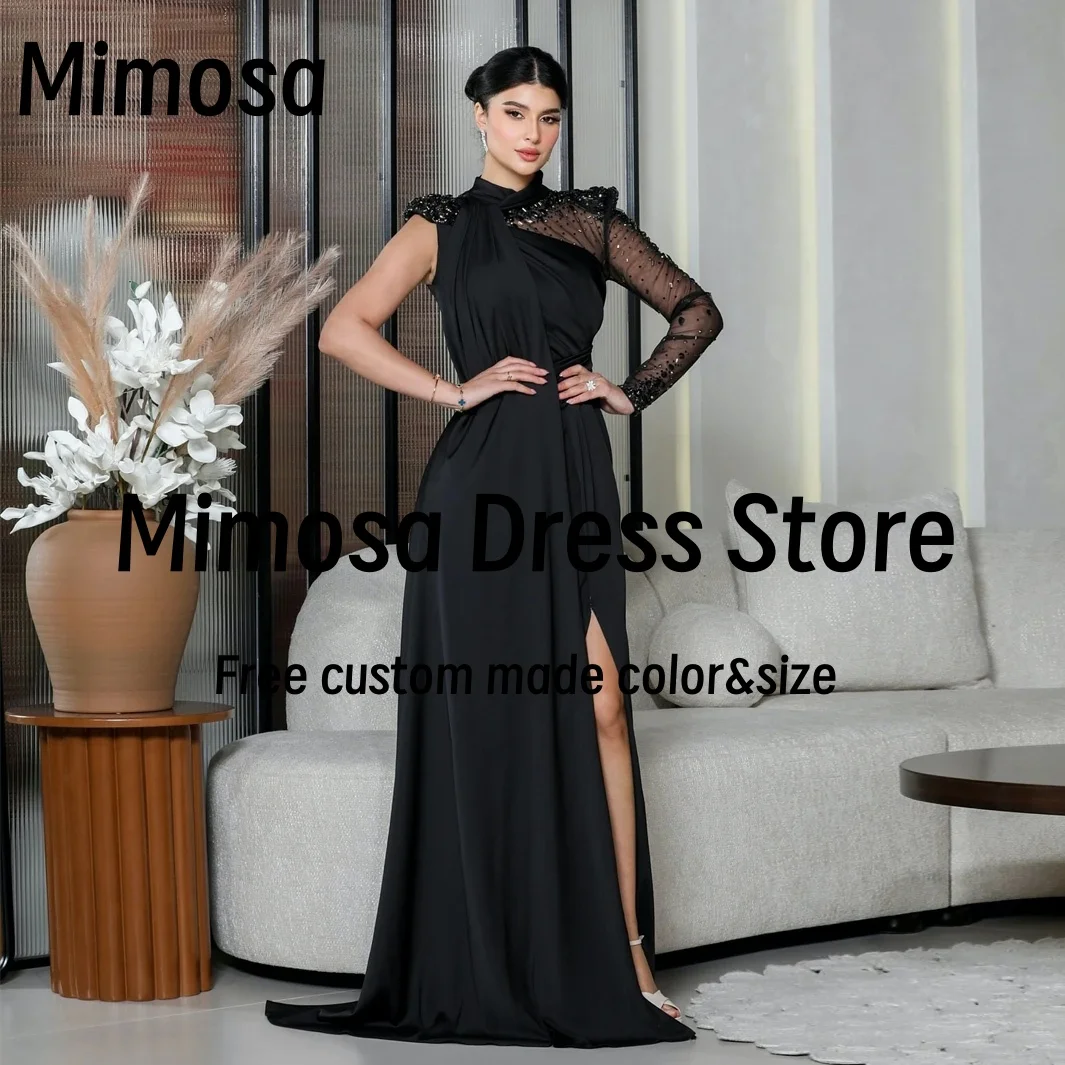 Mimosa High Collar Prom Dresses Beaded Tulle Long Sleeve Evening Party Dress Ruched Side Slit платье вечернее Customized